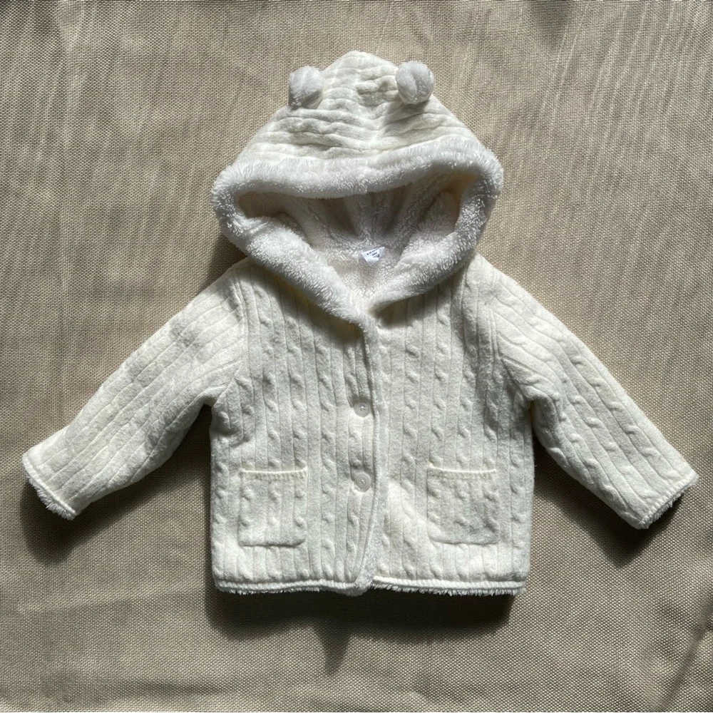 Baby Gap 6-12m CashSoft Cozy Bear Cardigan Cream Sherpa Cable Knit Soft Cozy